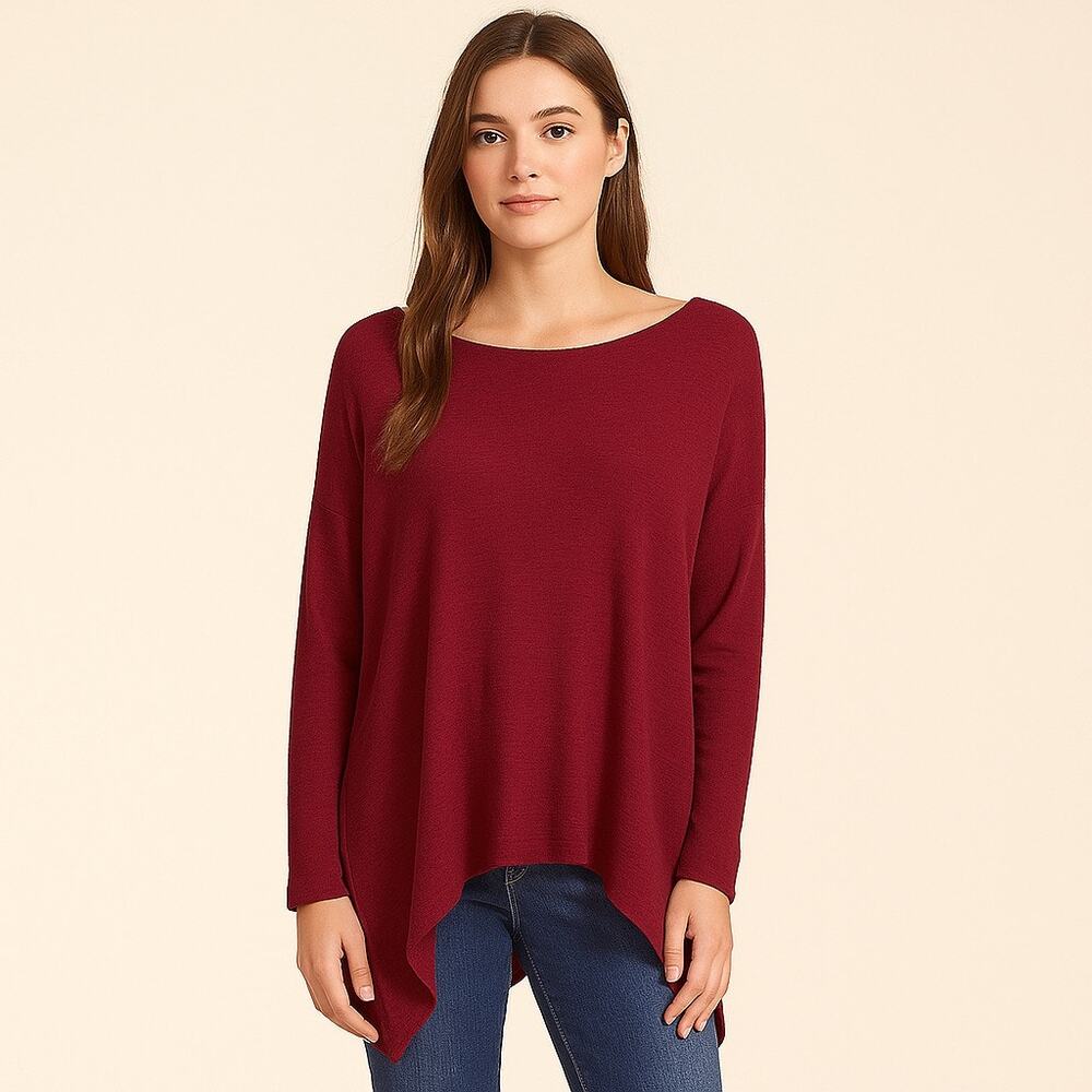 1 State Women’s Large Red Twist Back Blouse Draped Hem Long Sleeve Stretch NWOT